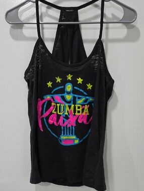 Zumba Fitness Black Tank with Neon Pink Blue Yellow Graphic